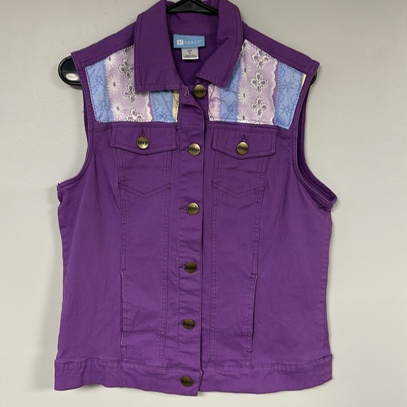 Upcycled Handcrafted Denim Vest Hawaiian Tropical Rainforest design Size L - Picture 1 of 8